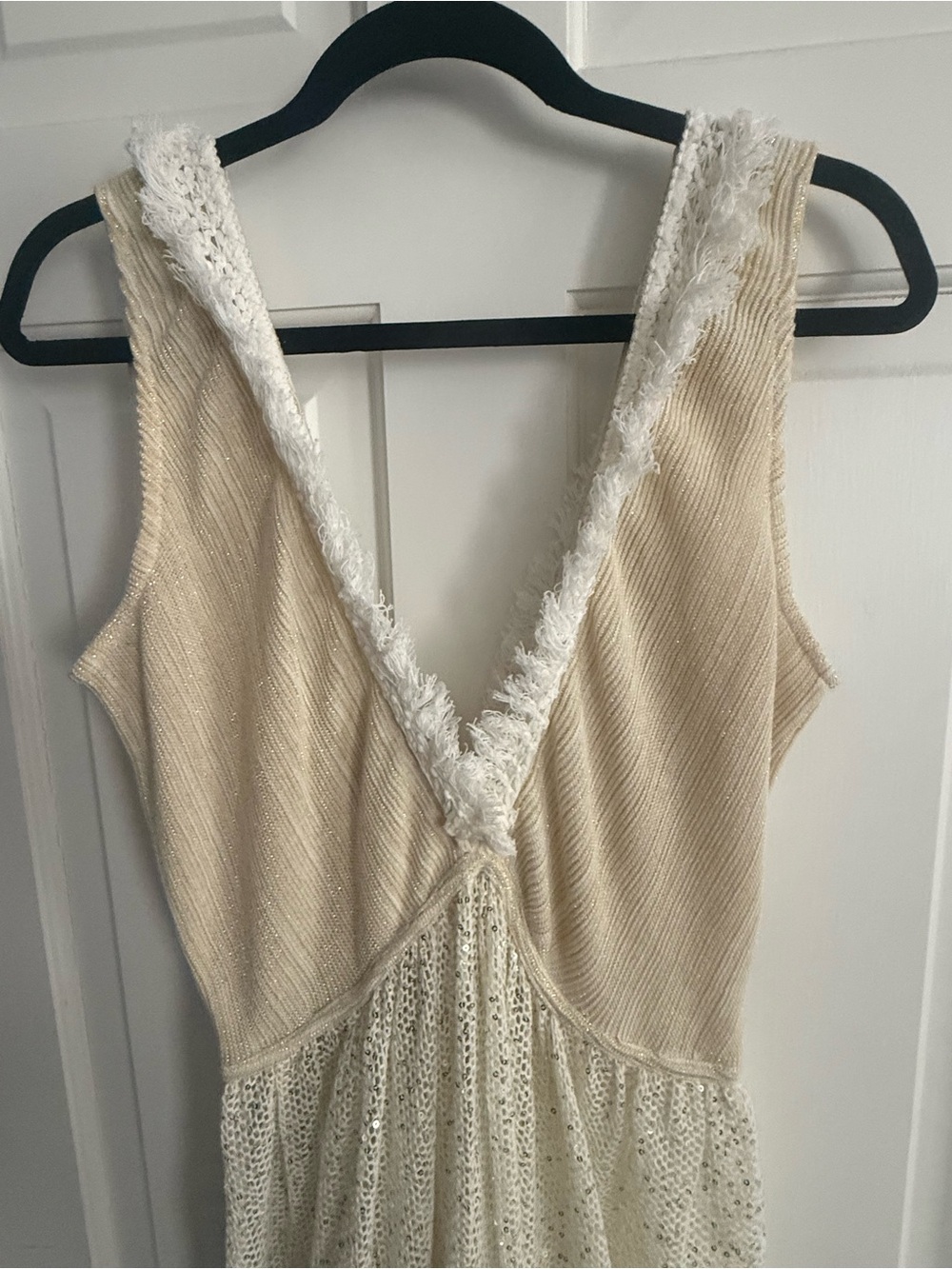Ramy Brook Cream Knit V-Neck Long Dress with Fringe Detail Sz Large NWT $325